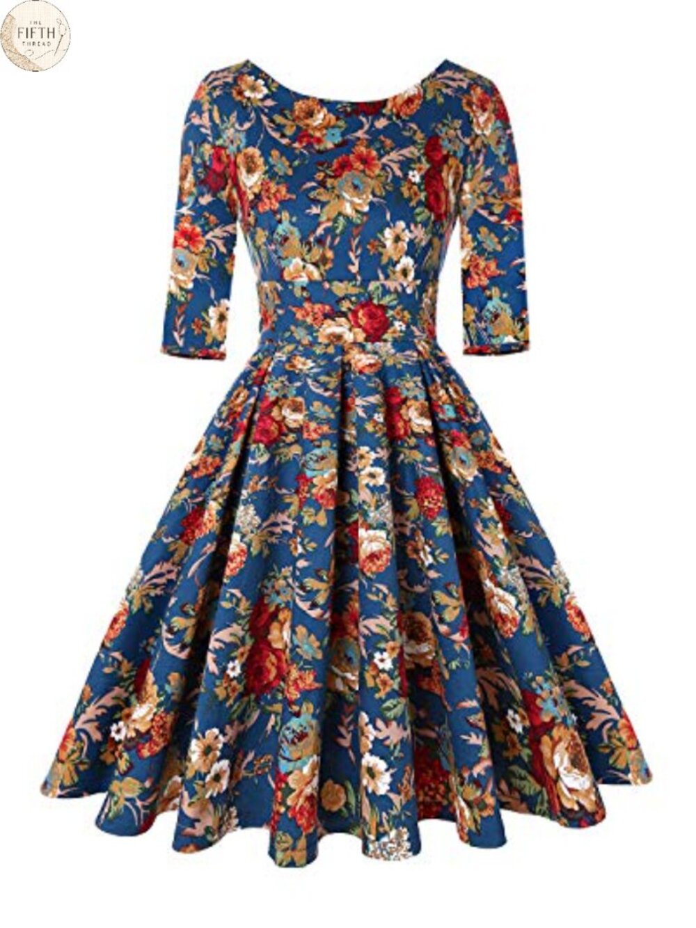 Women 1950s Retro Vintage Swing Dress 3/4 Sleeve Cocktail Party Midi